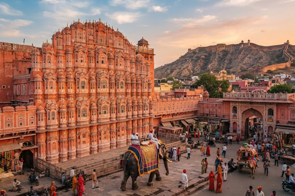 Panoramic view of Hawa Mahal and Amer Fort in Jaipur at sunset with local street activity