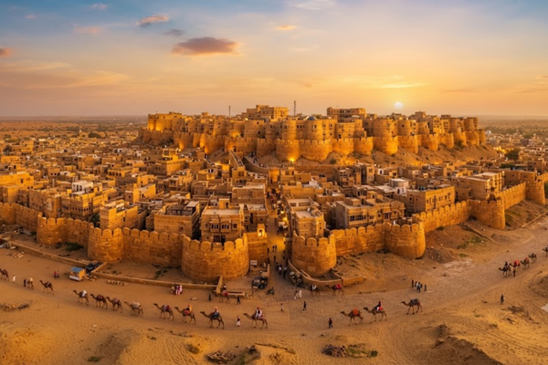 Golden sandstone Jaisalmer Fort rising from the desert landscape with camel caravans at sunset
