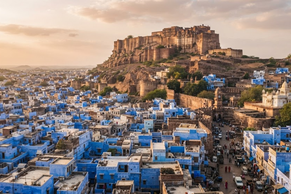 High-angle view of blue-painted houses in Jodhpur with Mehrangarh Fort towering above at sunset