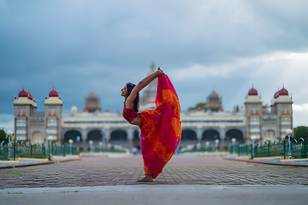 Woman performing a yoga pose in front of Mysore Palace