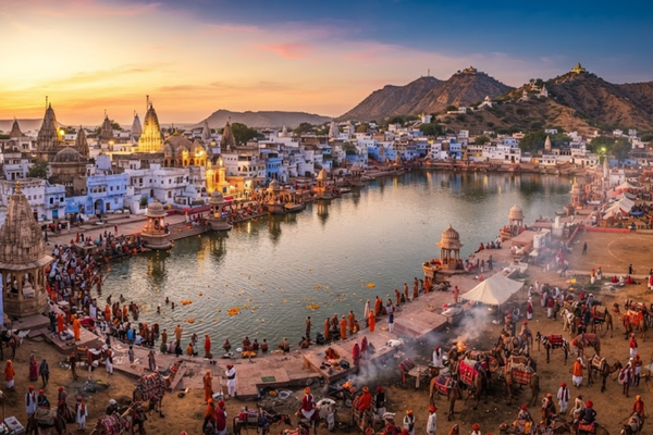 Busy ghats surrounding the holy lake in Pushkar with temples and pilgrims at dusk