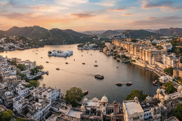Scenic view of lake palaces and boats on the water in Udaipur during a golden sunset