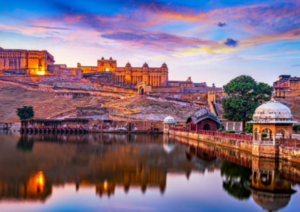Amber Fort, a grand fortress overlooking Maota Lake with stunning architectural details.