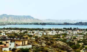 View of Ajmer city and Anasagar Lake,