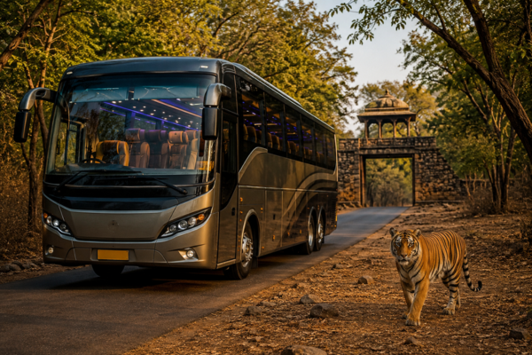 Luxury tourist bus driving through Ranthambore National Park with a Bengal tiger nearby.