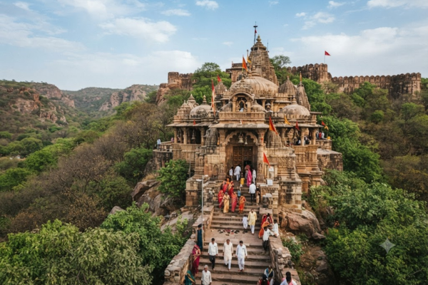 Ornate ancient Indian sandstone temple with pilgrims on steps.