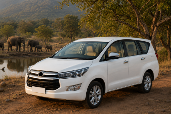 White Innova Crysta near elephants in forest