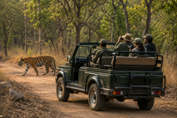 Open jeep safari with tiger crossing road