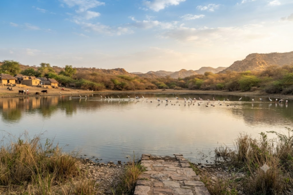Scenic view of Surwal Lake with migratory birds and dry hills in the background near Ranthambore