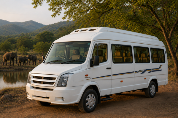 White Tempo Traveller in jungle safari area