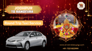 Promotional banner for Jodhpur to Ramdevra taxi service featuring Baba Ramdev Temple and a white sedan car.