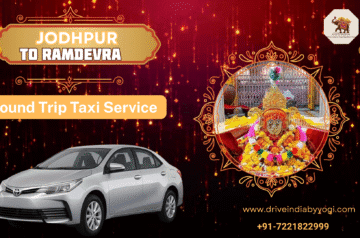Promotional banner for Jodhpur to Ramdevra taxi service featuring Baba Ramdev Temple and a white sedan car.