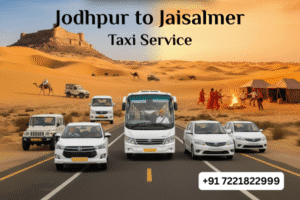 Jodhpur to Jaisalmer taxi service showcasing a Sedan, Innova Crysta, and Tempo Traveller in the Thar Desert.