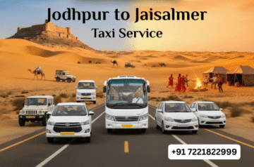 Jodhpur to Jaisalmer taxi service showcasing a Sedan, Innova Crysta, and Tempo Traveller in the Thar Desert.