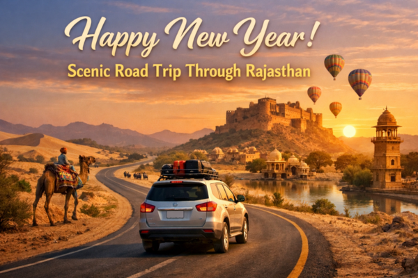 New Year celebration on a Scenic Road Trip Through Rajasthan with royal forts, open highways, and desert views