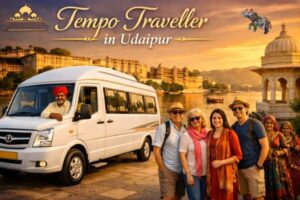 Tempo Traveller in Udaipur for family and group travel, parked near Lake Pichola with City Palace in background