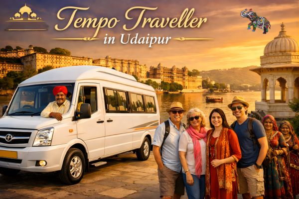 Tempo Traveller in Udaipur for family and group travel, parked near Lake Pichola with City Palace in background