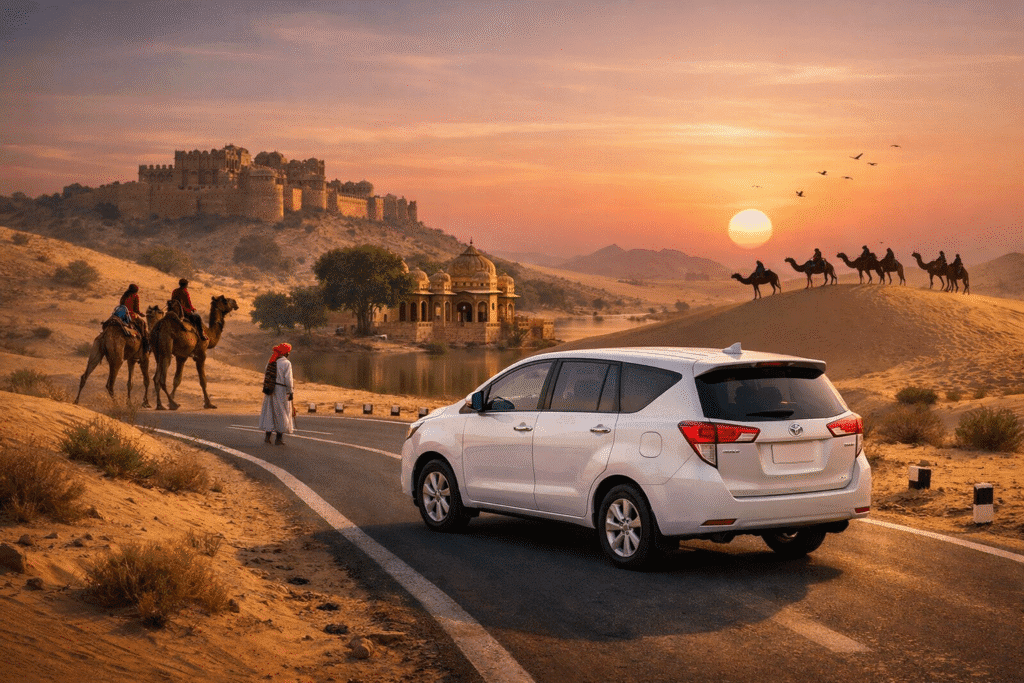Thar Desert road trip in Rajasthan with private car and scenic desert highway view.