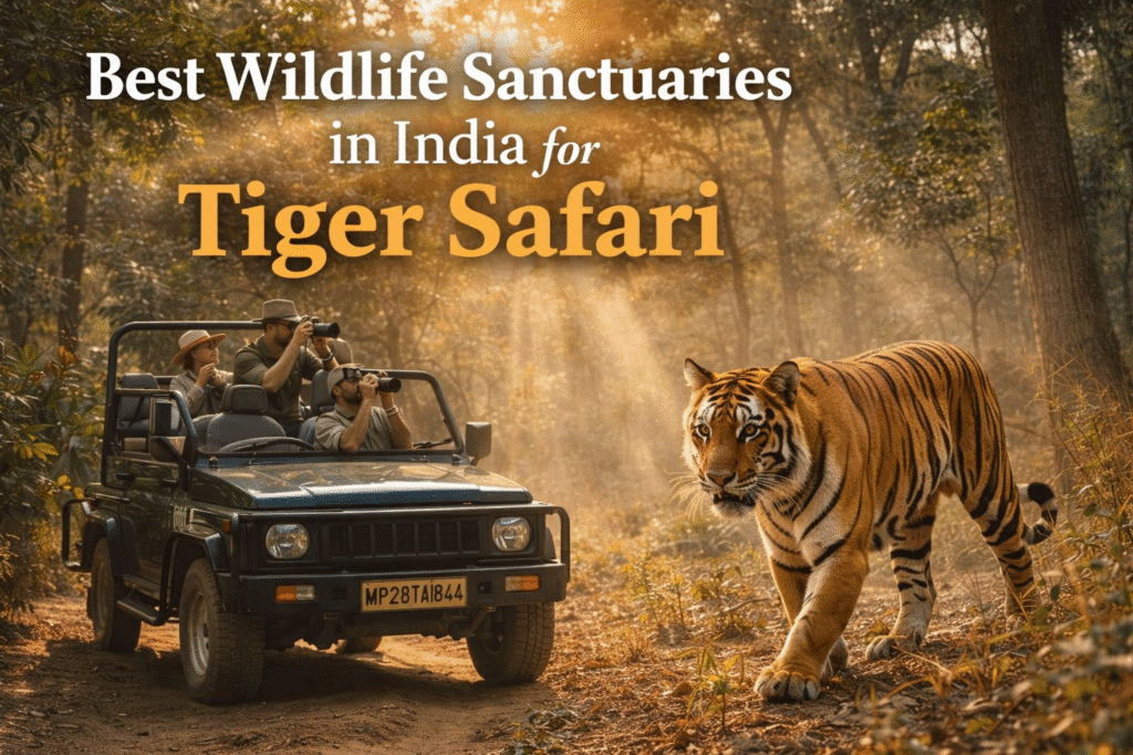 Tiger spotted during safari in Indian wildlife sanctuary.