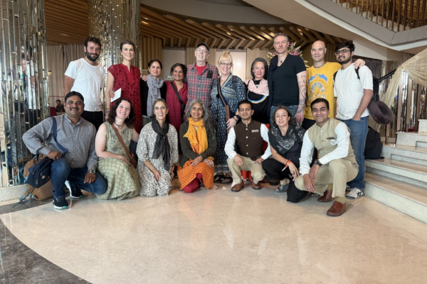 Group of tourists in hotel lobby