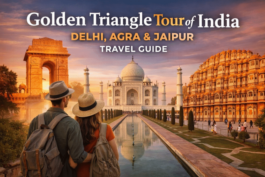 Taj Mahal, Jaipur palace, and Delhi monument during Golden Triangle tour in India.
