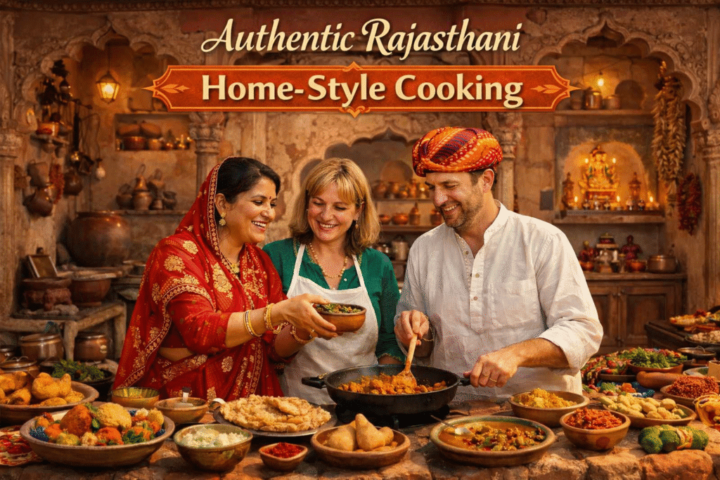 Private Guided Cooking Workshop Experience in Jodhpur featuring authentic Rajasthani home-style cooking and traditional spices.