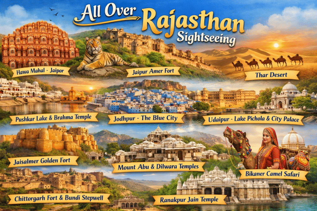 All Over Rajasthan Sightseeing Taxi tour covering forts, palaces, deserts, and heritage cities