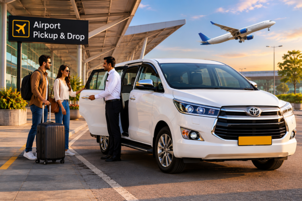 White Toyota Innova Crysta at Jodhpur Airport pickup area