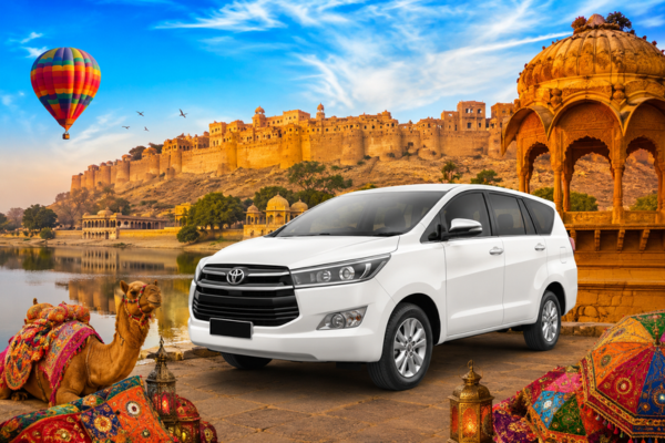 White Toyota Innova Crysta for car hire service in Jaisalmer Rajasthan