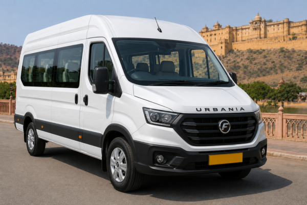 White luxury bus for hire in Jaipur