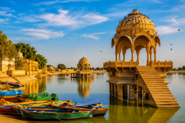 Scenic view of Gadisar Lake with temples and boats