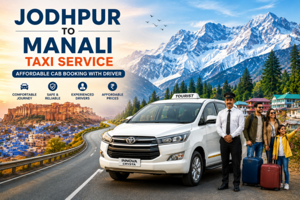 White Innova Crysta taxi on a scenic route from Jodhpur to Manali with mountains and travelers.