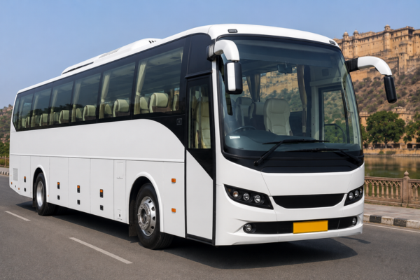 White luxury bus for hire in Jaipur