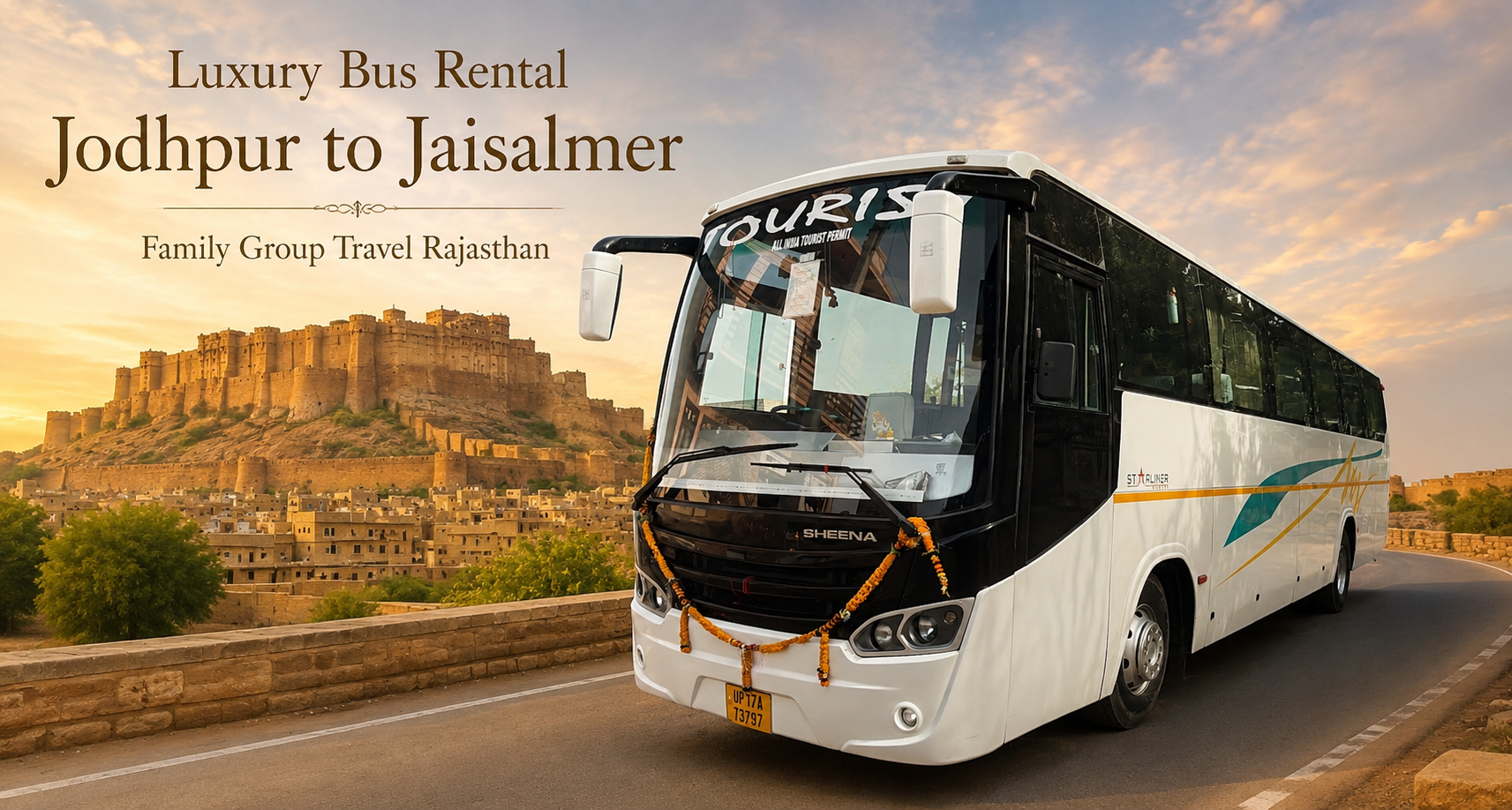 Luxury Bus Rental Jodhpur to Jaisalmer for family group travel in Rajasthan