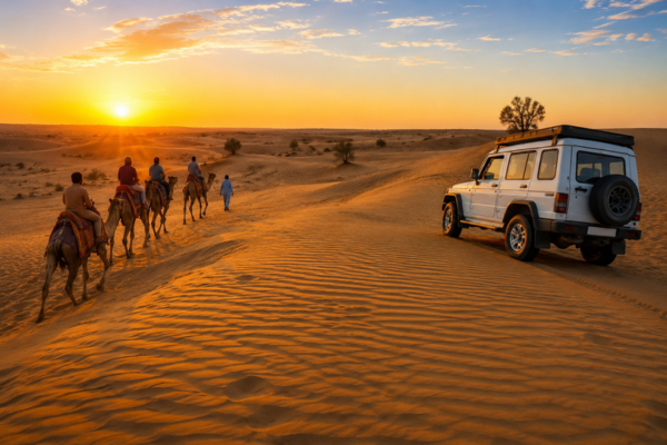White SUV driving through Osian Desert sand dunes near Jodhpur
