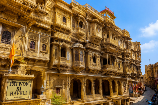 Intricately carved facade of Patwon Ki Haveli in Jaisalmer