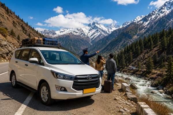 White Innova Crysta parked beside a mountain river with tourists and a driver in Himachal Pradesh.