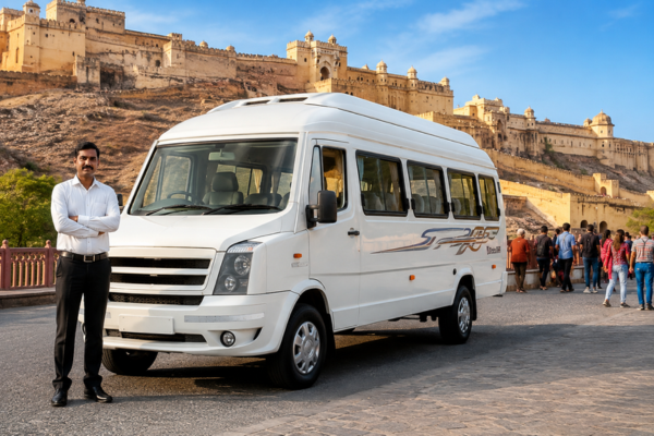 White 12 Seater Tempo Traveller near Amber Fort Jaipur