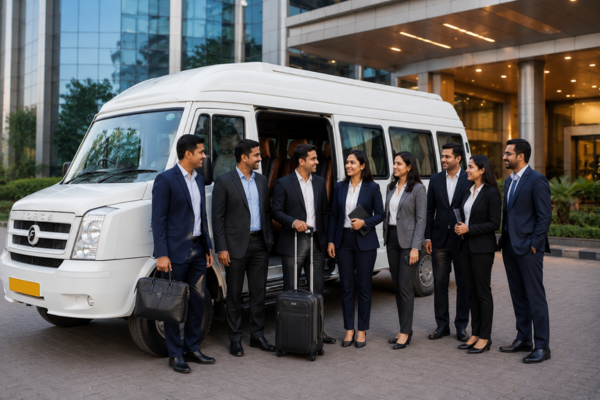 Business travelers standing beside tempo traveller in Jodhpur