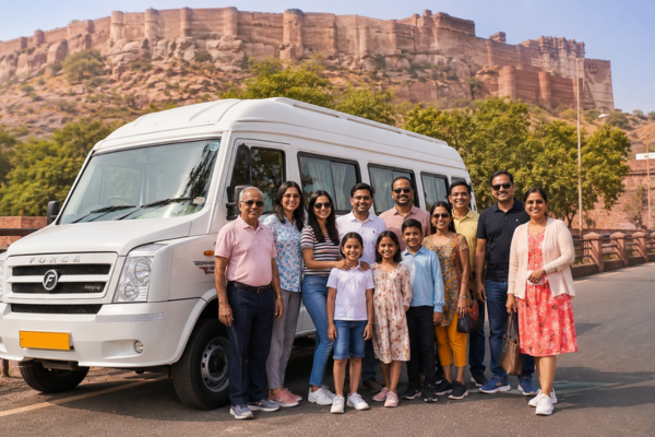 Family tourists with tempo traveller in Jodhpur sightseeing tour