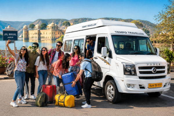 Group of friends boarding a luxury travel van for a road trip