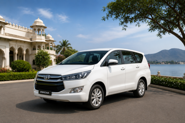 White Toyota Innova parked near a heritage-style building
