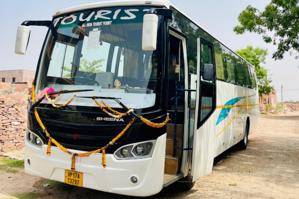 Luxury tourist bus parked and ready for group transportation.
