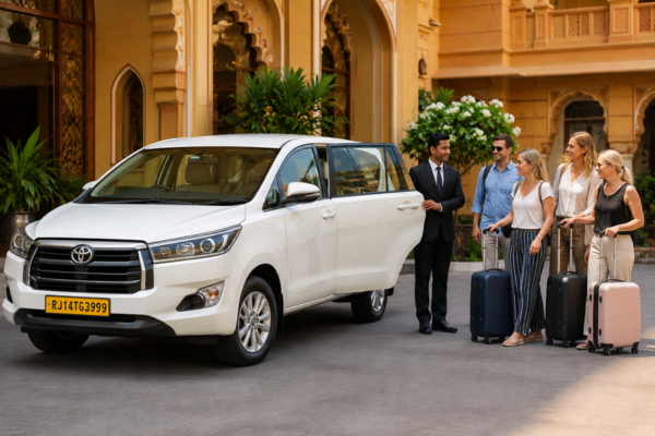 Professional chauffeur with Innova Crysta and foreign tourists in India