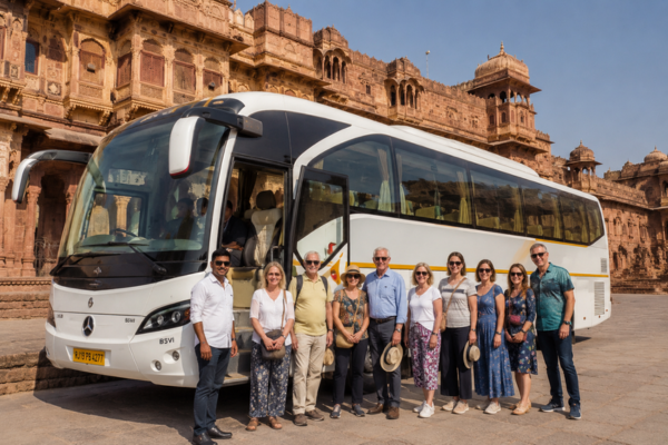 Tourist group with luxury tempo traveller during Rajasthan tour