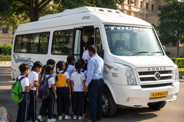 Students boarding tempo traveller for educational trip in Jodhpur
