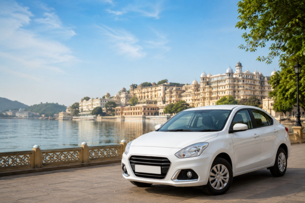 White sedan taxi parked near a lakeside city view in Rajasthan