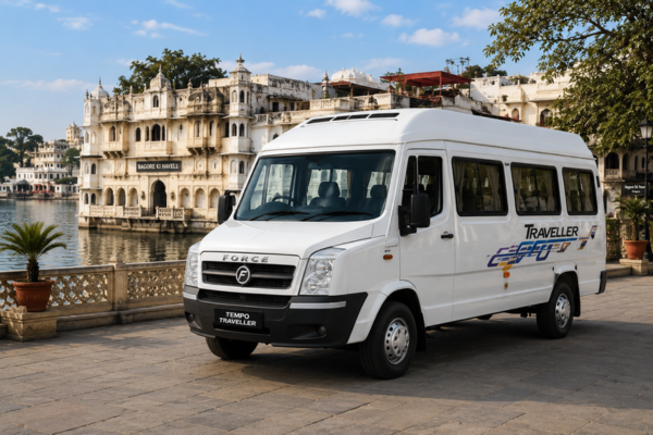 White tempo traveller parked near a historic palace backdrop