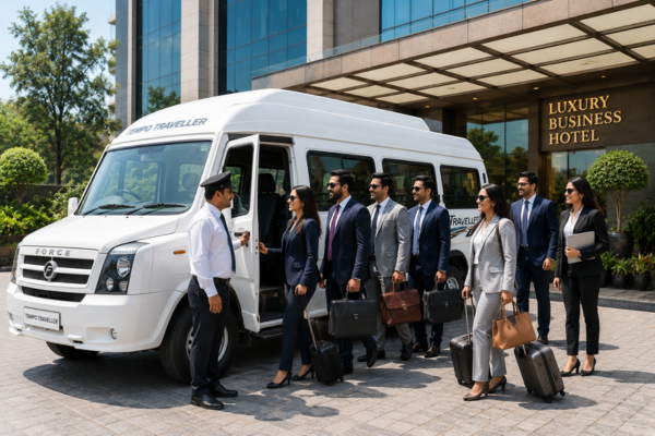 Business professionals boarding a luxury van for corporate travel