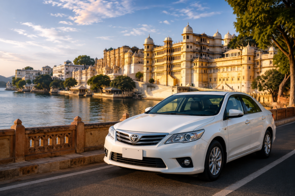 White sedan car parked near Udaipur Lake Palace.